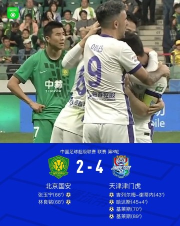 国安2-4津门虎，基莱斯梅开二度，张玉宁、林良铭破门难救主